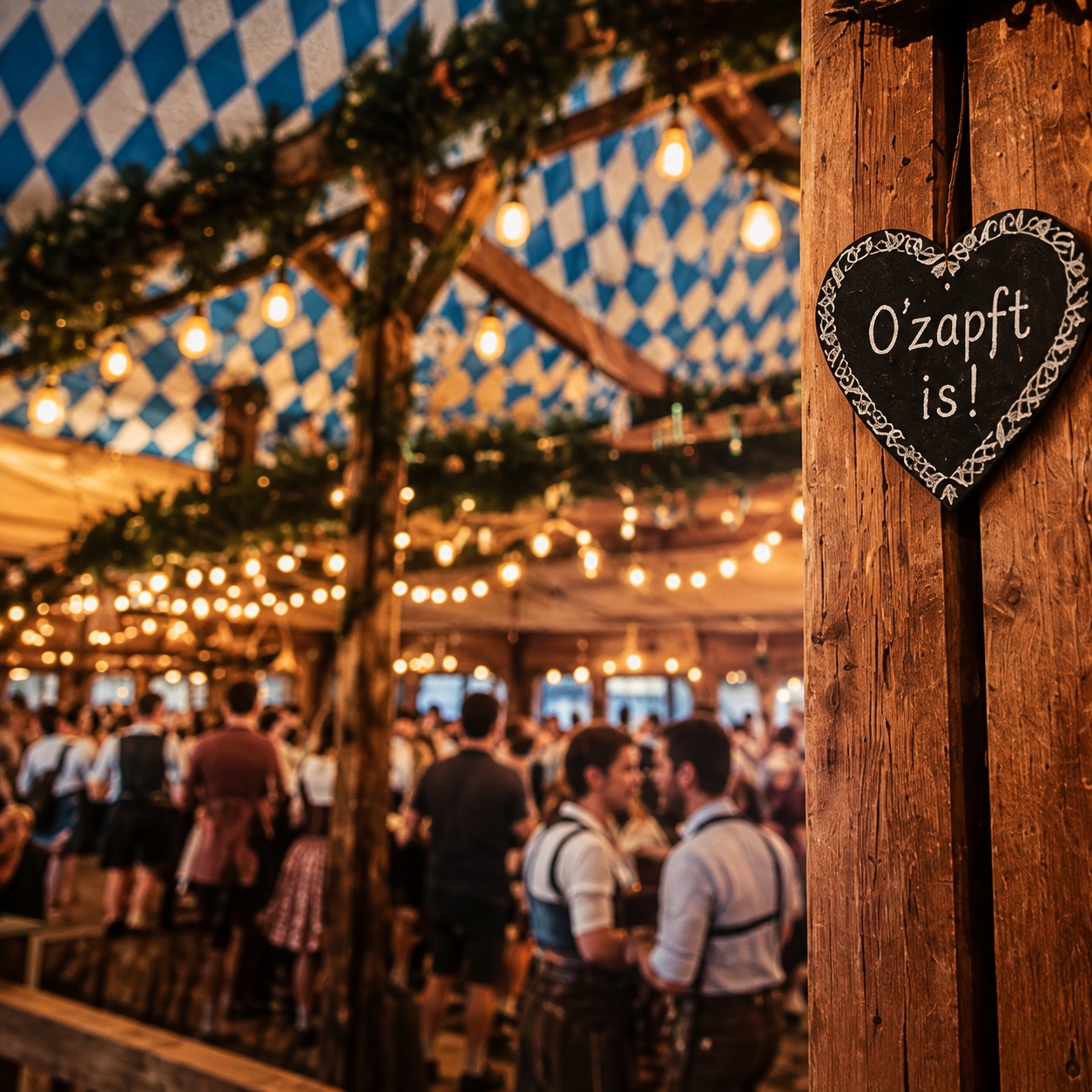 Oktoberfest-Stadl mit Lichterketten und einem Herz mit der Aufschrift O’zapft is!